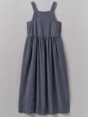 Cotton Linen Twill Gathered Waist Dress | Indigo Blue